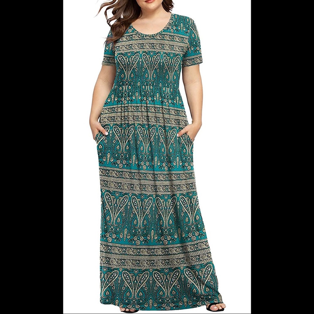 🆕 Plus Size Dresses Short Sleeve Maxi Dress with Pockets, XL, Turquoise